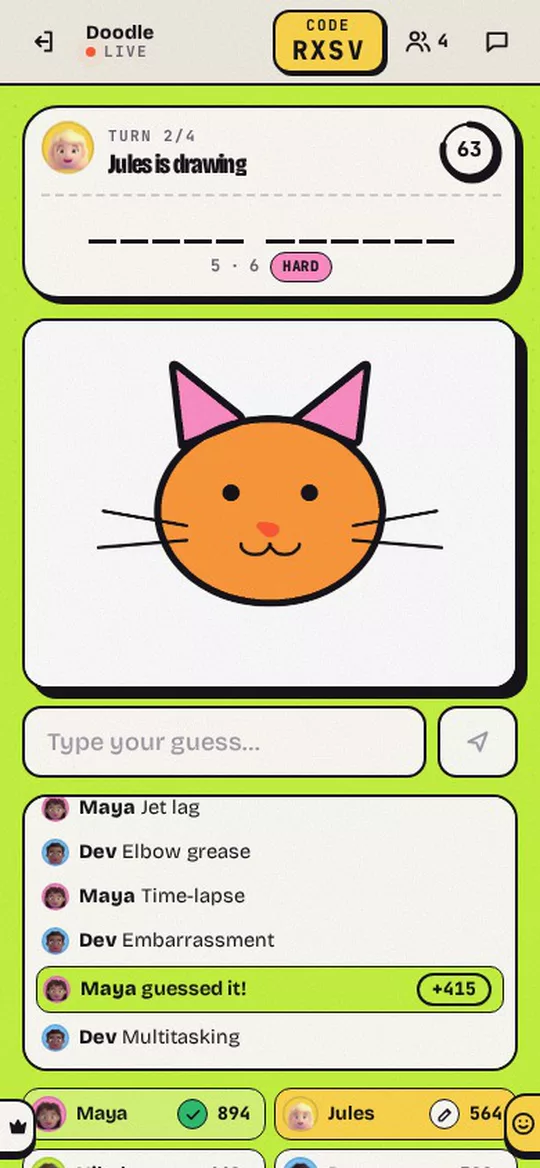 IYKYK Games, Doodle Dash: a cat being drawn while the others guess