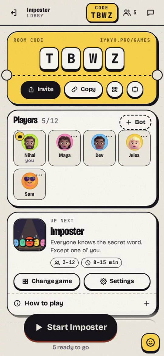 IYKYK Games, lobby: room code TBWZ and five players in, ready to start Imposter