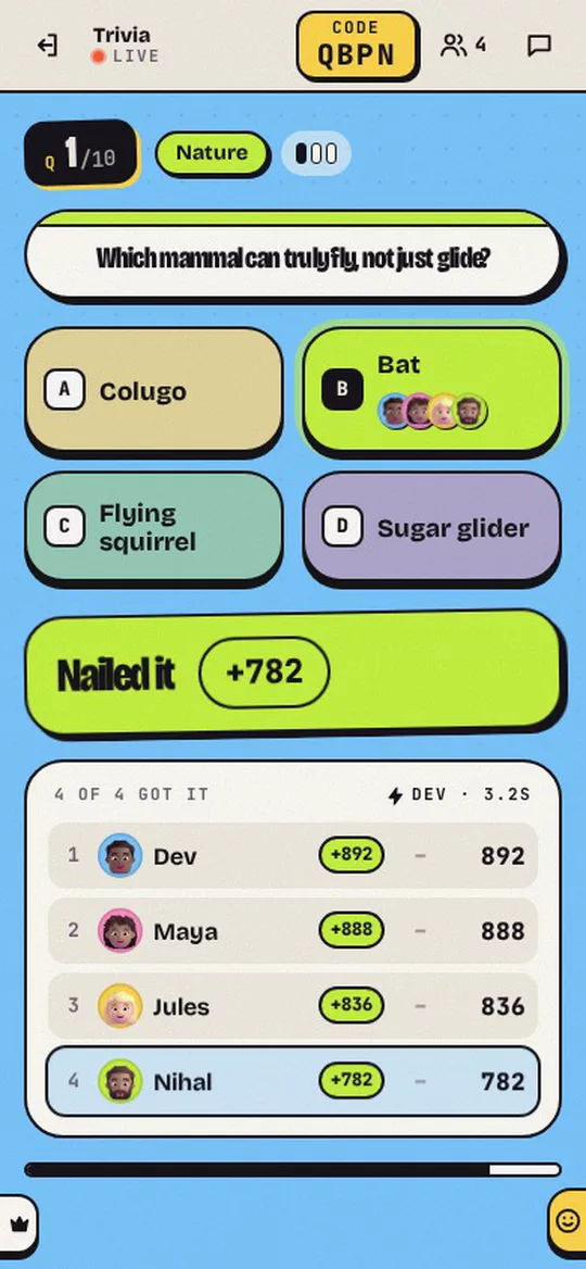 IYKYK Games, Trivia Blitz: which mammal can truly fly? Bat, nailed it, +782