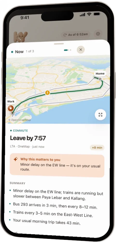 KopiYo commute card: leave by 7:57, with the route map and why it matters