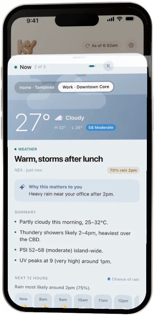 KopiYo weather card: 27° and cloudy, warm with storms after lunch