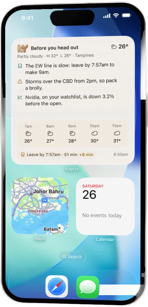 KopiYo home-screen widget: your top three and when to leave